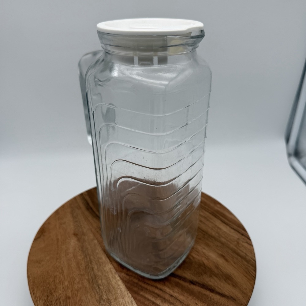 Vintage Glass Refrigerator Pitcher w Lid Square Ribbed Water Juice